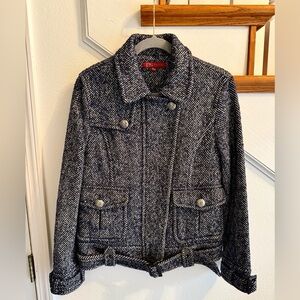 Stylish Navy Herringbone Utility Jacket sliver flakes in fabric